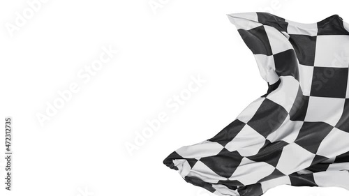 Realistic 60 fps 3D animation of the textured checkered black and white race flag as fly away opener rendered in UHD with alpha matte