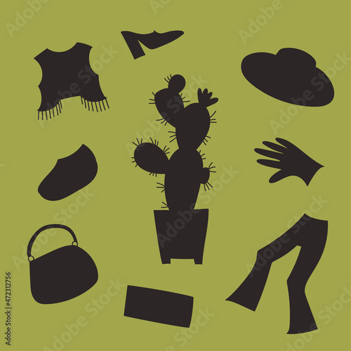 Cactus leather. Silhouette of cactus plant and leather goods on green background. New Eco-Friendly Fabric.