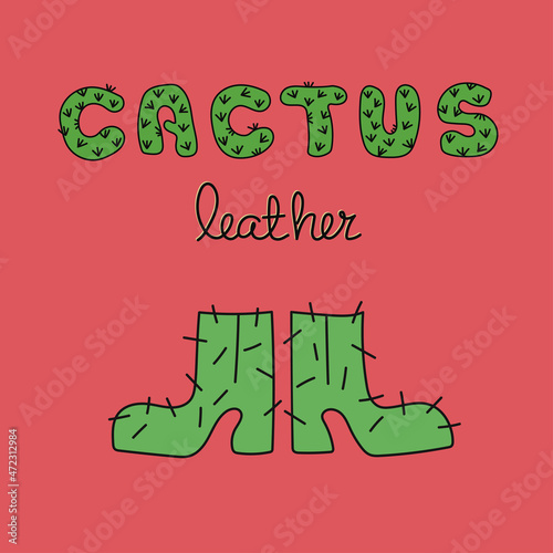 Hand drawn shoes with text Cactus leather on pink background. New Eco-Friendly Fabric.