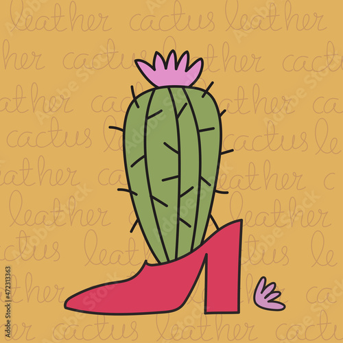 Cactus leather concept. Hand drawn pink shoe with cactus inside on yellow background. Eco-Friendly product.