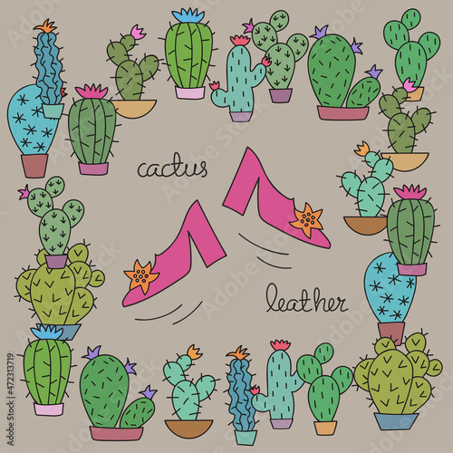 Cactus leather. Pink shoes surrounded by different Cactus plants on grey background.