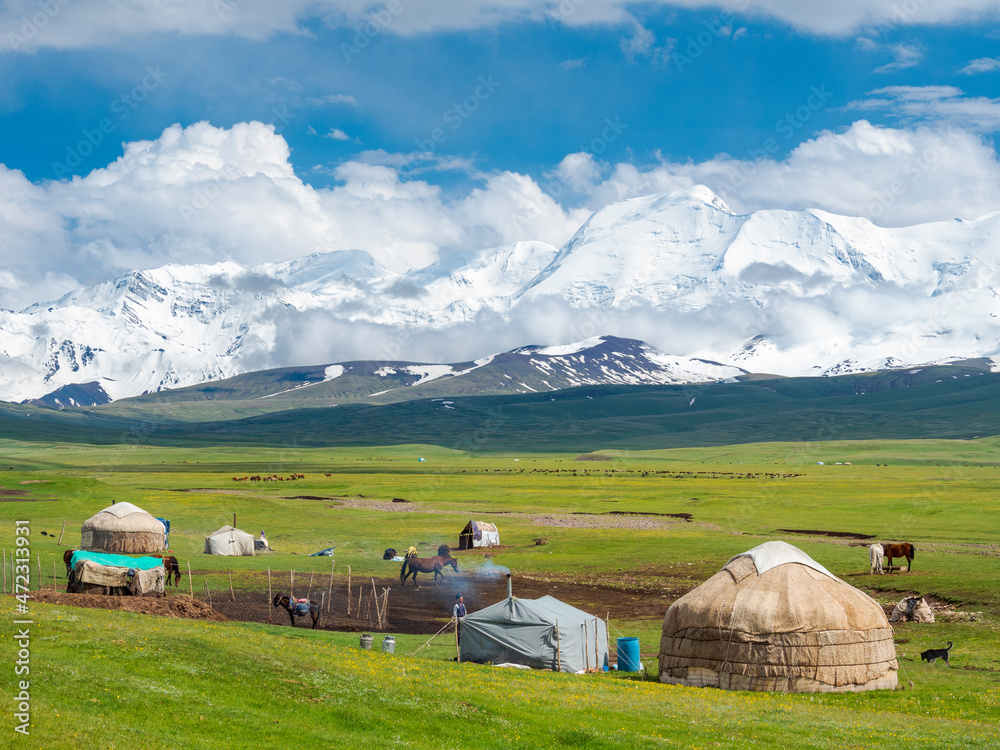 Traditional yurt in the Alaj valley with the Transalai mountains with Pik Kurumdy (6614) in the background. The Pamir Mountains. Central Asia, Kyrgyzstan