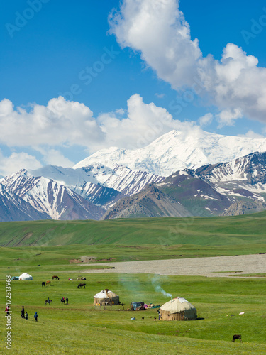 Traditional yurt in the Alaj valley with the Transalai mountains in the background. The Pamir Mountains. Central Asia, Kyrgyzstan