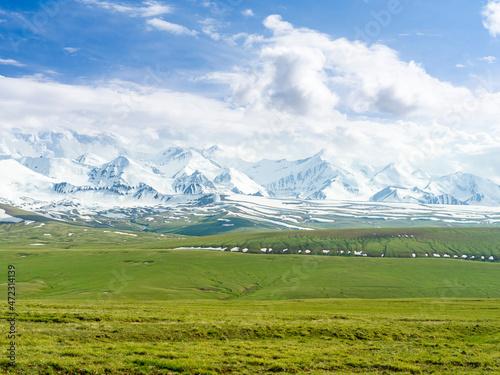 The peaks of Pik Kurumdy (6614 m) at the border triangle of Kyrgyzstan, China and Tajikistan. The Alaj valley in the Pamir Mountains. Central Asia, Kyrgyzstan