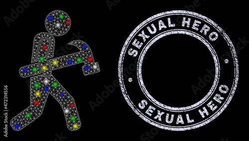 Glossy polygonal mesh net hammer courier icon with glitter effect on a black background, and Sexual Hero scratched watermark. Illuminated vector mesh created from hammer courier icon,