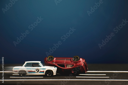 Small vehicles describing a traffic accident due to excessive speed and wrong overtaking or violation of rules photo