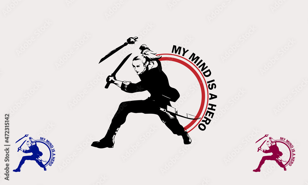 young man with martial arts stance using a sword logo icon young man with martial arts stance using a sword logo icon