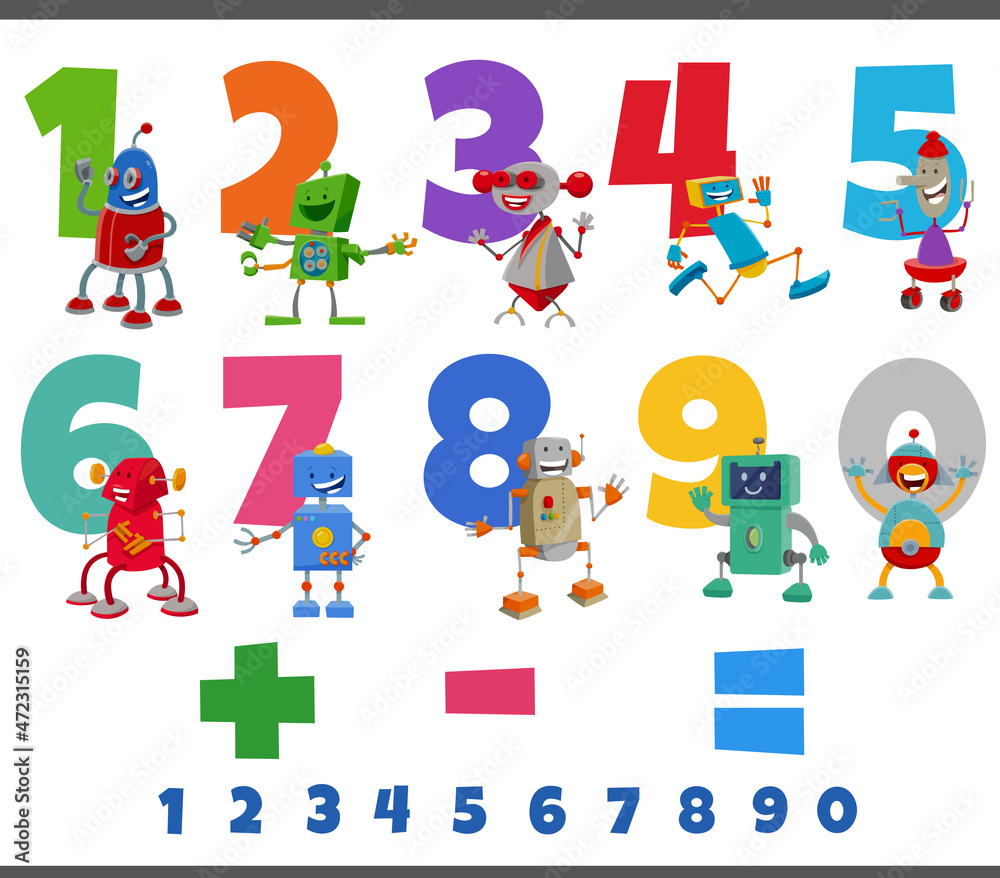 educational numbers set with fantasy robots characters