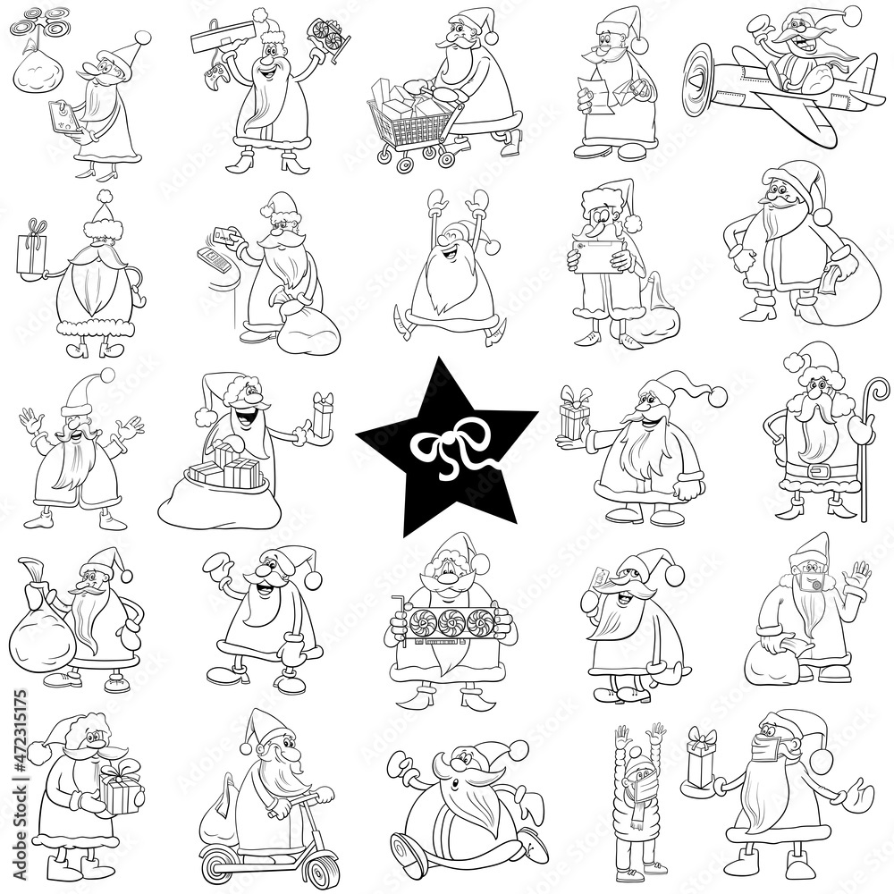 Fototapeta premium black and white cartoon Santa Claus Christmas characters set