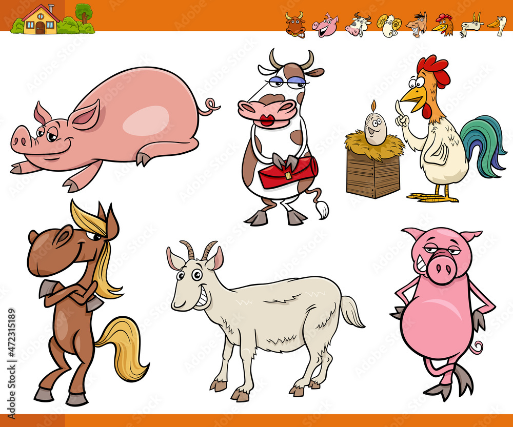 cartoon farm animals characters set