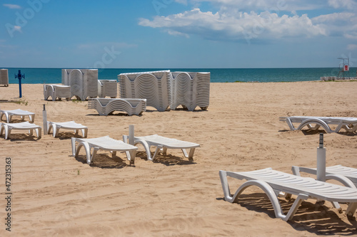   Chairs stacked  on the beach in Bulgaria