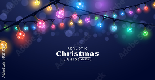 Glowing colorful christmas fairy light chains. Festive holiday background vector illustration.