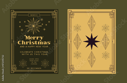 Christmas greetings invite design background with 1920's and 1930's art deco style gold detailing. Festive frame vector illustration.
