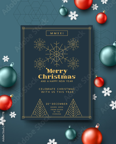 A Christmas themed invitation with 1920s art deco gold decorations. Festive frame vector illustration.