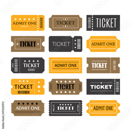 Set of tickets and coupons templates. Sale, discount, coupons with ruffle edges. Concert, cinema, theater cards