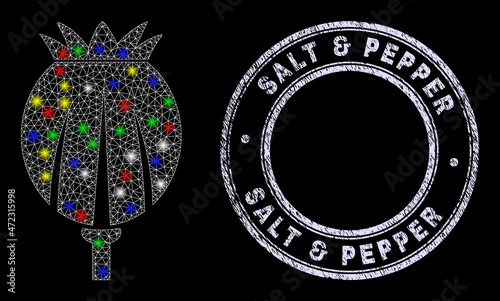 Glossy polygonal mesh web poppy head icon with glare effect on a black background, and Salt & Pepper dirty stamp seal. Illuminated vector model created from poppy head icon,