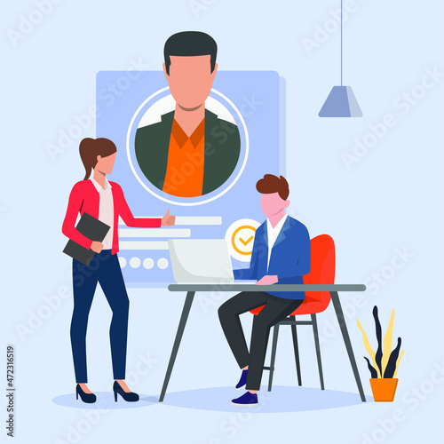 The human resources team is reviewing and discussing prospective new employees of the company through curriculum vitae. HRD. Interview. Human Resource. Curriculum vitae. Review Vector illustration.