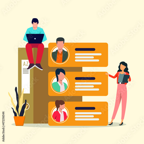 New candidates prepare job application files to be reviewed by the company's human resource team. HRD. Interview. Review. Employee. Vector colorful illustration.