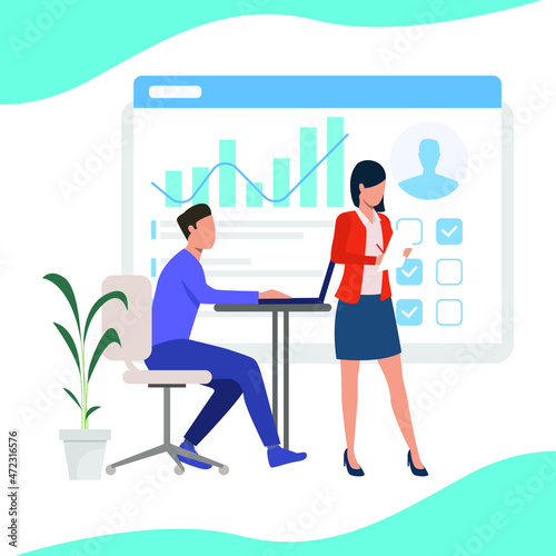 The human resource team discusses the prospective candidates who want to be accepted based on the personal data. HRD. Human Resource. Reviewer. Interview. Review. Vector colorful illustration.