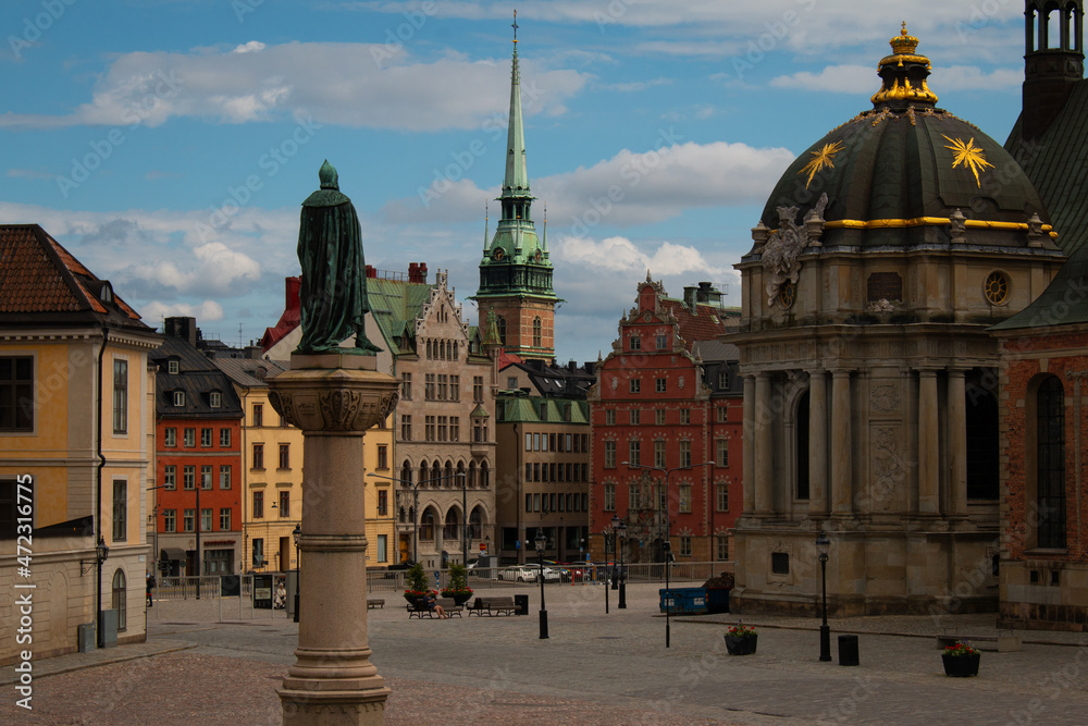 Fototapeta premium Riddarholmen island in Stockholm, the view towards Gamla Stan and Riddarholmen church. Sweden