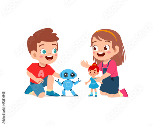two kids boy and girl play robot and doll together