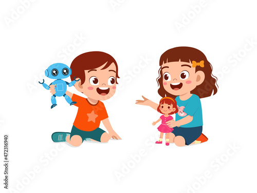 two kids boy and girl play robot and doll together