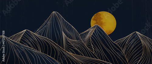 Landscape linear art with mountains of golden lines for design, print, invitations, textiles