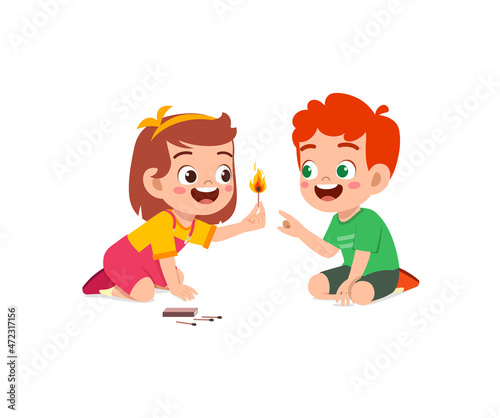 cute little boy and girl holding match stick with fire