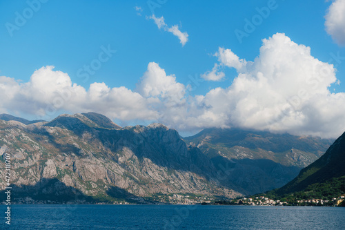 Shadows from the clouds over the mountains near the Bay of Kotor. Montenegro