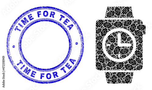 Vector clock watches icon mosaic is formed with repeating recursive clock watches icons. Time for Tea unclean blue round stamp seal. Recursive combination from clock watches icon.