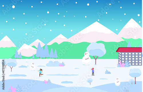 Holiday to the snowy mountains in winter, tree landscape, snowball, resort and blue sky, vector illustration for background and wallpaper © Montpielave