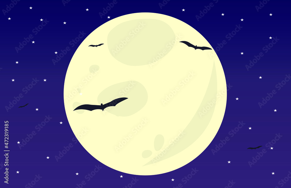 Vector full moon at night, stars and bats. Best for background and wallpaper of darkness environment Vector full moon at night, stars and bats. Best for background and wallpaper of darkness environment