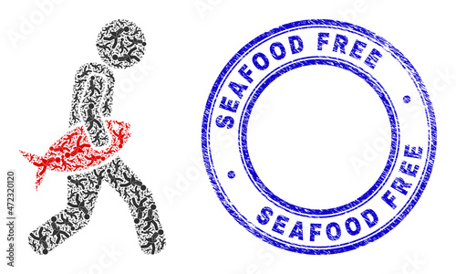 Vector fish robber icon collage is formed with scattered recursive fish robber icons. Seafood Free dirty blue round stamp seal. Recursive collage of fish robber icon.