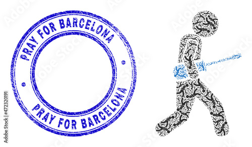 Vector screwdriver courier icon mosaic is constructed from random self screwdriver courier pictograms. Pray for Barcelona grunge blue round seal imitation.