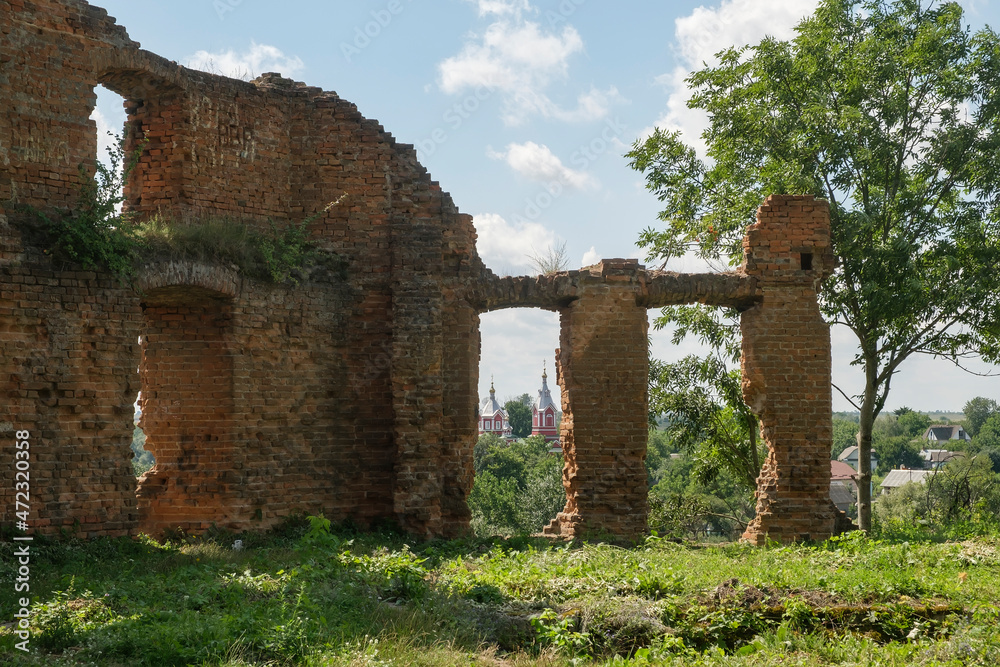 View of the ruins of the old castle in Korets, Rivne region, Ukraine. August 2021