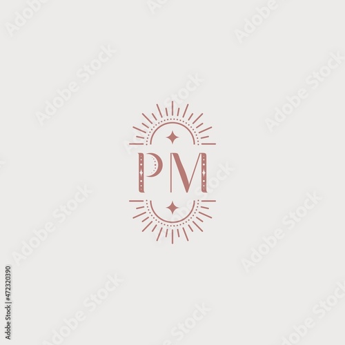 Vector minimalistic emblem with letters PM. Elegant modern logo for jewelry, astrologers, salons, psychologists. Linear patterns.