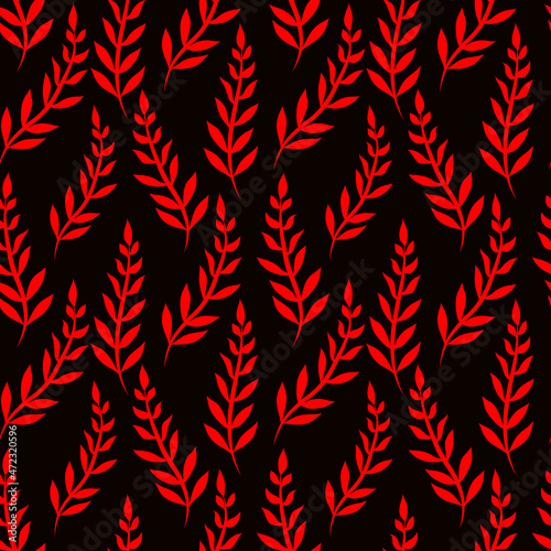 Seamless pattern of abstract flowers and leaves in red on a dark background. Vector Graphics © BajimBa
