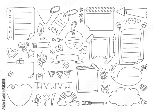 Sketch sticky notebook note paper doodle set. Notes with elements planning, speech bubble frame. Blank graphic notepad or label tag. Organized business or education planner, bookmark memory diary page