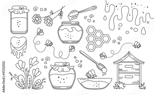 Honey in glass jar and bee, honeycomb doodle set. Wooden honey dipper, drop flowing, liquid and beehive, propolis, flowers, heart. Healthy natural organic product. Package food line design concept
