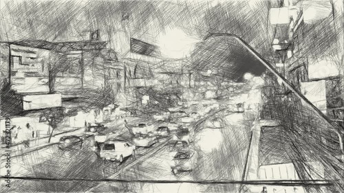 art drawing black and white of night city