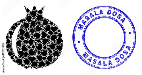 Vector Pomegranate fruit icon mosaic is done of repeating recursive Pomegranate fruit parts. Masala Dosa corroded blue round seal print. Recursive mosaic of Pomegranate fruit icon.