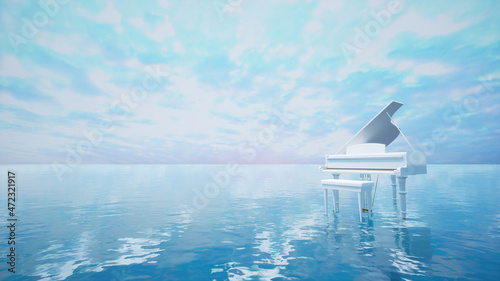 Surreal sea scene with white piano on the water at dusk. 3d illustration.