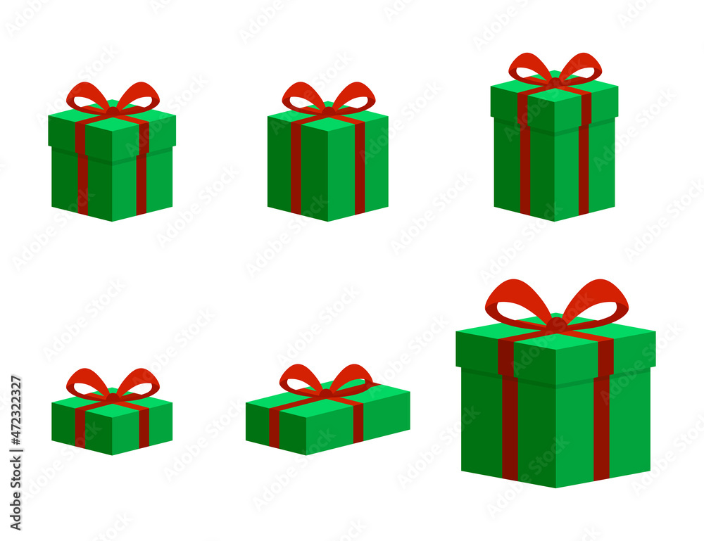 Conjunto de icono de cajas de regalo de navidad. Cajas verdes de regalo de diferentes formas y tamaños. Concepto de navidad, fiesta y sorpresa. Ilustración vectorial Conjunto de icono de cajas de regalo de navidad. Cajas verdes de regalo de diferentes formas y tamaños. Concepto de navidad, fiesta y sorpresa. Ilustración vectorial