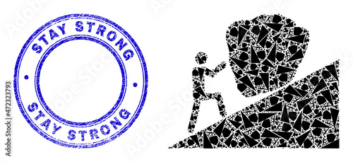 Vector man rolling stone up icon composition is created from scattered recursive man rolling stone up pictograms. Stay Strong unclean blue round seal imitation.