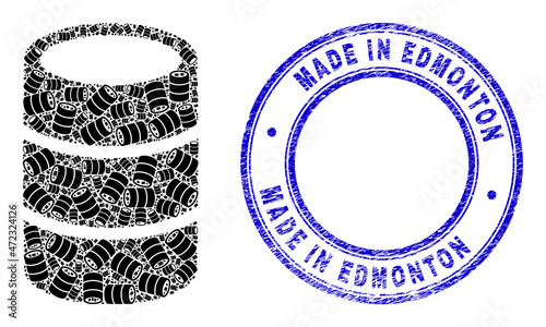 Vector barrel icon mosaic is organized with random recursive barrel items. Made in Edmonton rubber blue round stamp. Recursive mosaic of barrel icon.