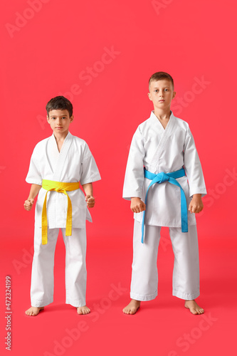 Little boys in karategi on color background photo