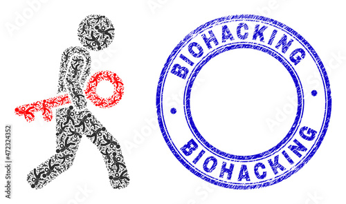 Vector key burglar icon composition is composed with randomized recursive key burglar elements. Biohacking grunge blue round stamp seal. Fractal combination from key burglar icon.