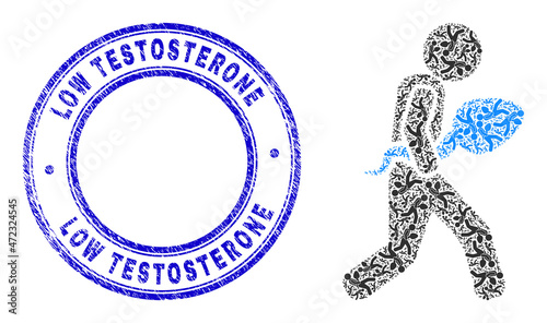 Vector sperm courier icon mosaic is composed from scattered recursive sperm courier items. Low Testosterone corroded blue round seal print. Recursive mosaic of sperm courier icon.