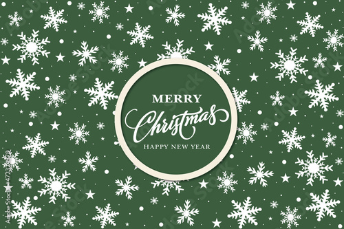 Seamless decorative snowflake pattern on a green background with Merry Christmas and Happy New Year text in the middle.