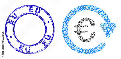 Vector euro pay again icon mosaic is done of repeating recursive euro pay again items. Eu textured blue round seal imitation. Recursive mosaic of euro pay again icon.